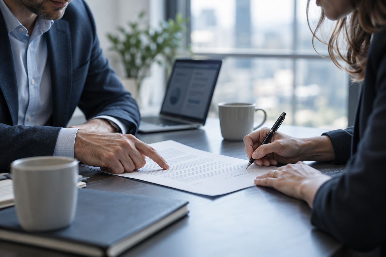 Two people at a meeting table reviewing a printed contract, one of them signing it.