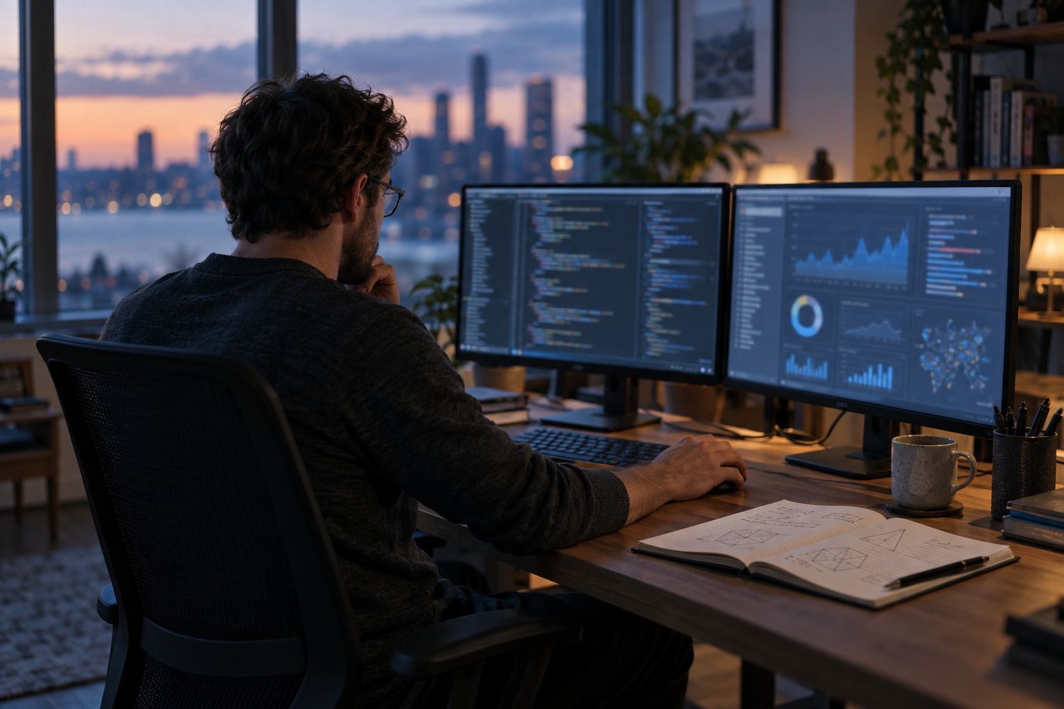 A developer at a desk with two monitors showing code and a dashboard, with hand-drawn diagrams in a notebook beside the keyboard.