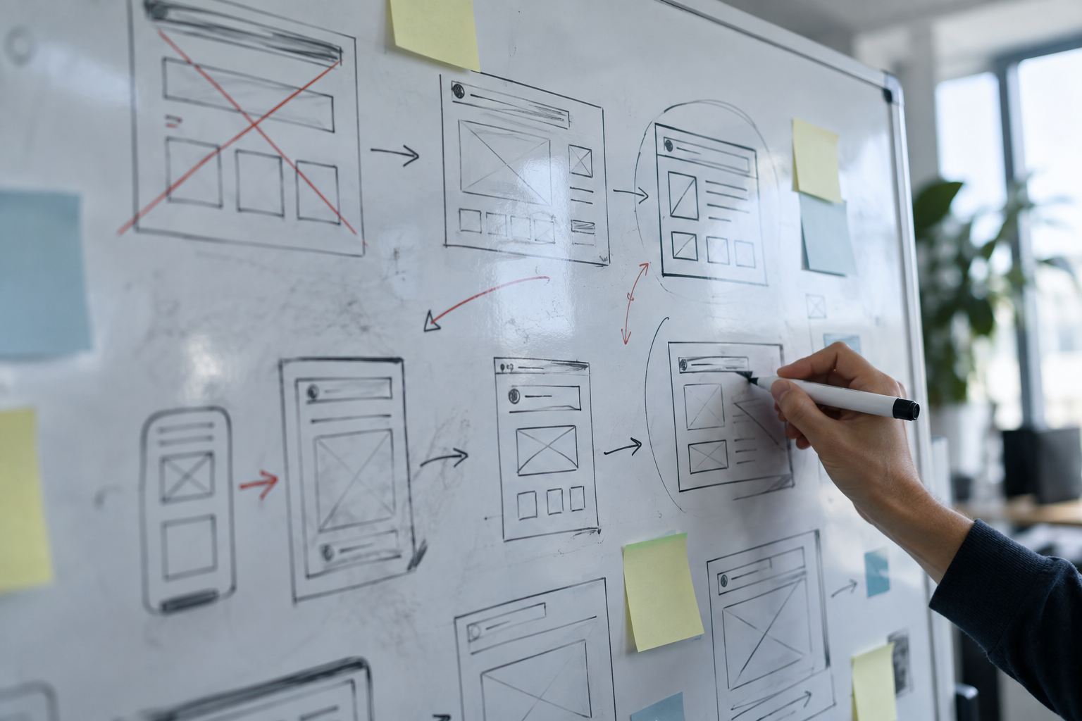 A whiteboard of screen sketches and sticky notes, with several versions of the same layout crossed out and redrawn.