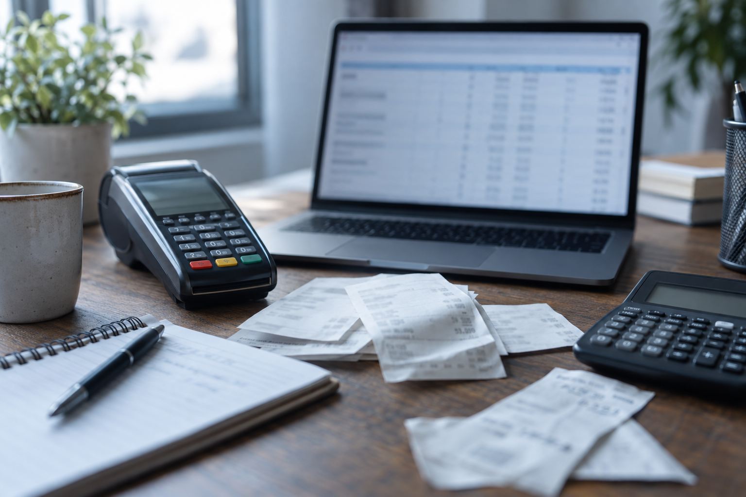 A laptop showing a table of transactions beside a card terminal, printed receipts and a calculator.