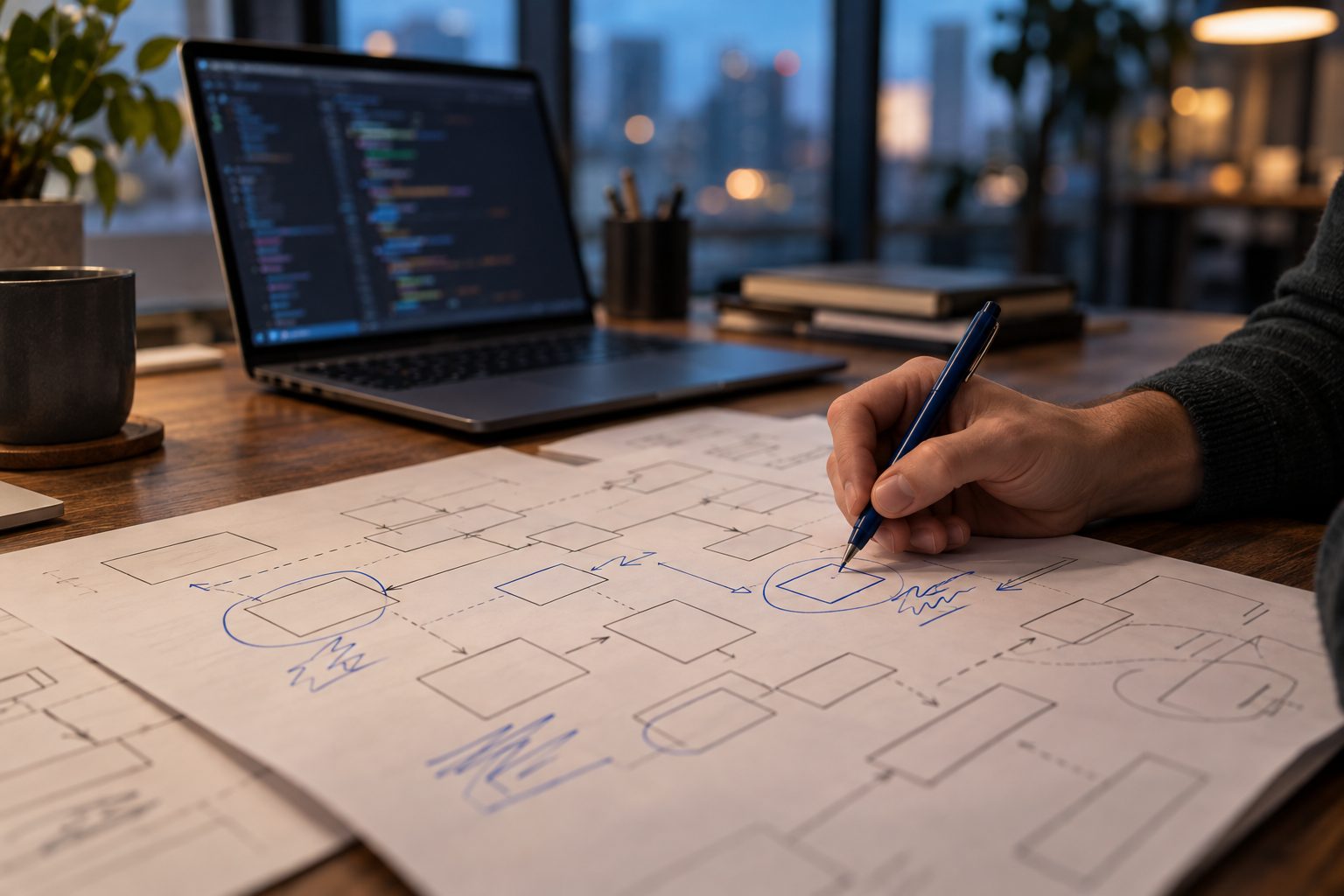 Printed system diagrams on a desk, with a hand circling parts of one in pen beside an open laptop.