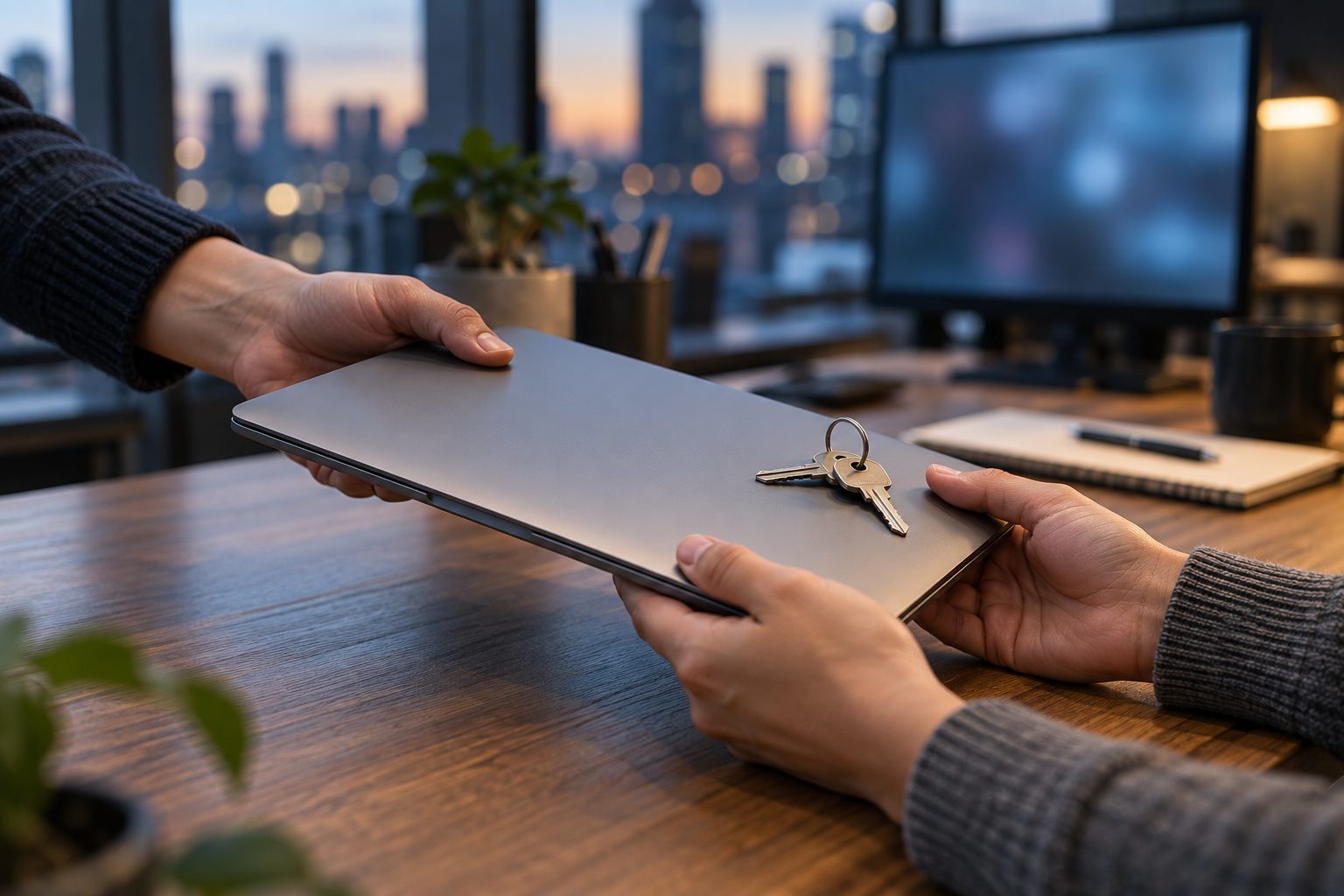 One person handing a closed laptop and a set of keys across a desk to another.