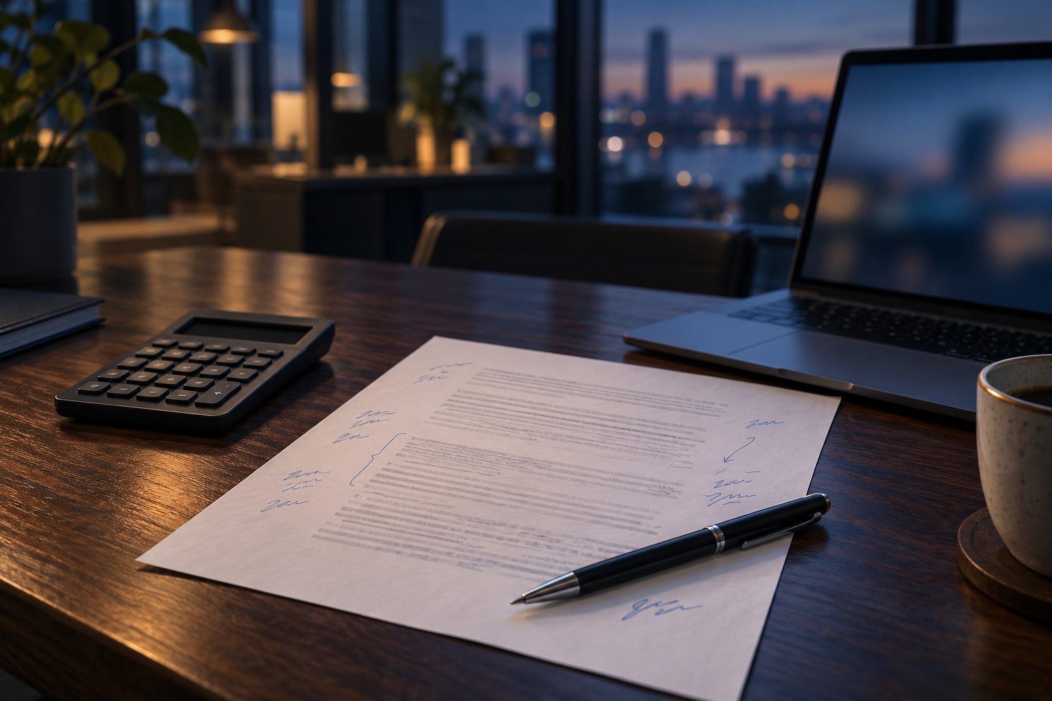 A printed one-page brief with handwritten notes on a meeting table, beside a pen, a calculator and an open laptop.
